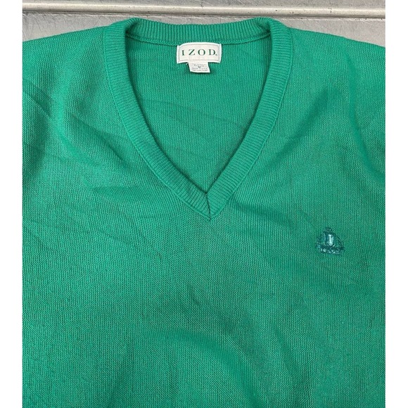 Vintage Izod Pullover Sweater Mens Medium Green Vneck Jumper Golf Performance - Picture 3 of 8